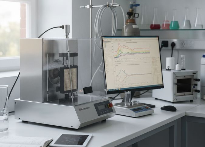 Equipamento de análise dinâmico-mecânica DMA em laboratório de caracterização de polímeros e materiais compósitos