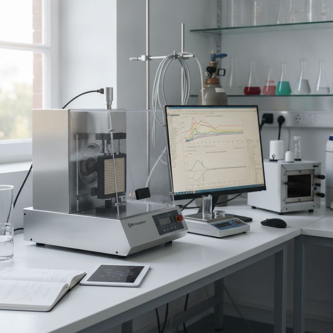 Equipamento de análise dinâmico-mecânica DMA em laboratório de caracterização de polímeros e materiais compósitos
