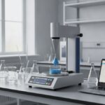 Reômetro rotacional em laboratório realizando análise reológica de amostra de tinta com geometria cone-plato