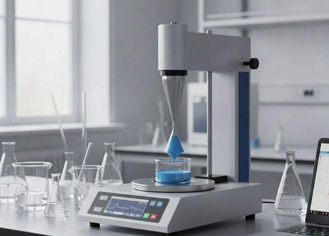 Reômetro rotacional em laboratório realizando análise reológica de amostra de tinta com geometria cone-plato