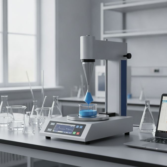 Reômetro rotacional em laboratório realizando análise reológica de amostra de tinta com geometria cone-plato
