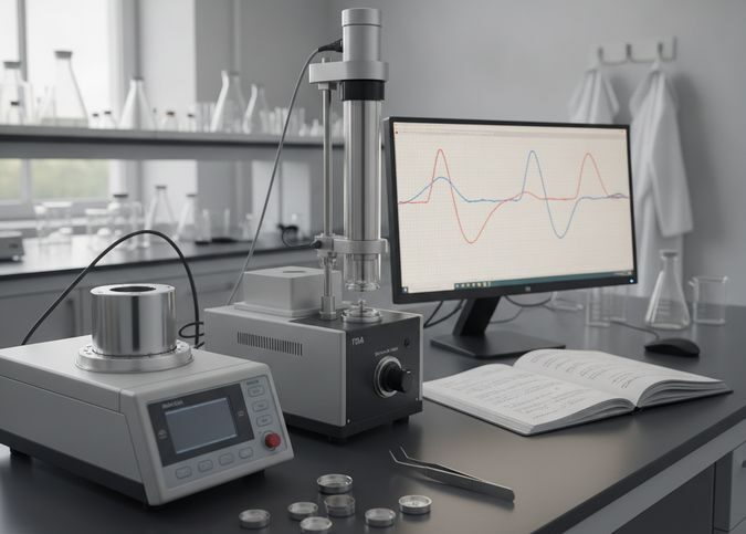 Calorímetro diferencial de varredura DSC e analisador termogravimétrico TGA em bancada de laboratório de análise térmica