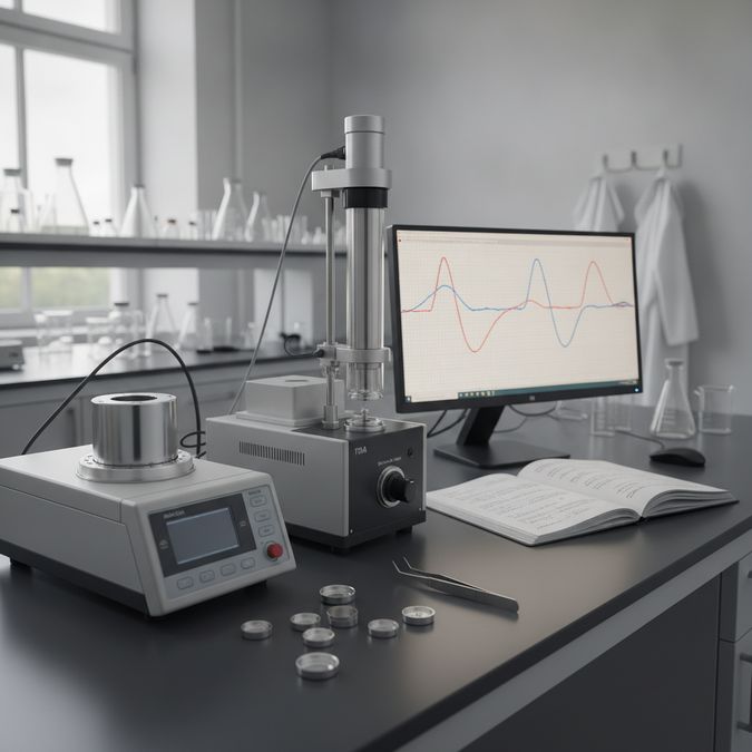 Calorímetro diferencial de varredura DSC e analisador termogravimétrico TGA em bancada de laboratório de análise térmica