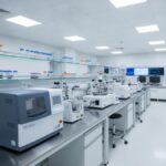 Equipamentos científicos de alta precisão em bancada de laboratório de P&D e controle de qualidade