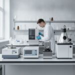 Técnico realizando manutenção preventiva em equipamentos analíticos de laboratório de controle de qualidade