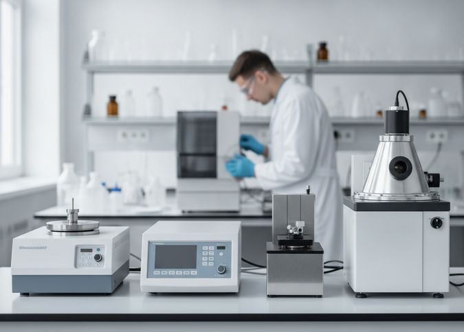 Técnico realizando manutenção preventiva em equipamentos analíticos de laboratório de controle de qualidade