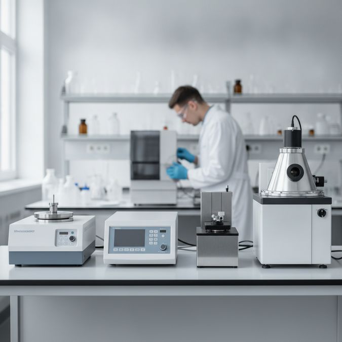 Técnico realizando manutenção preventiva em equipamentos analíticos de laboratório de controle de qualidade