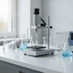 Equipamento de medição de ângulo de contato com gota séssil sobre substrato sólido em laboratório analítico
