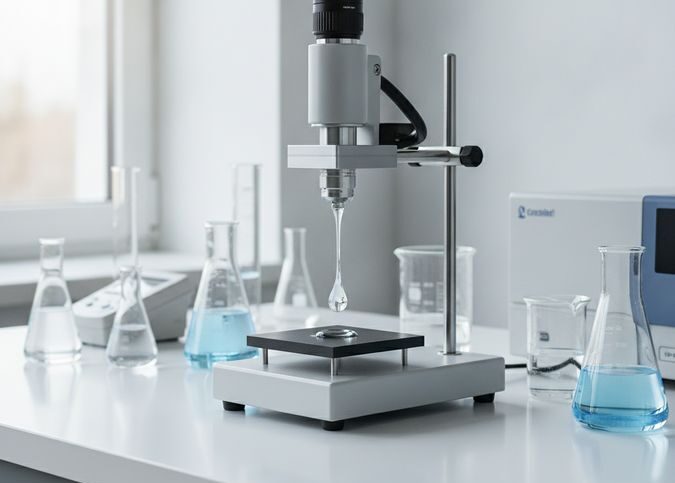Equipamento de medição de ângulo de contato com gota séssil sobre substrato sólido em laboratório analítico