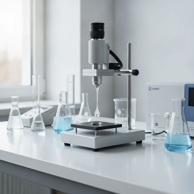 Equipamento de medição de ângulo de contato com gota séssil sobre substrato sólido em laboratório analítico