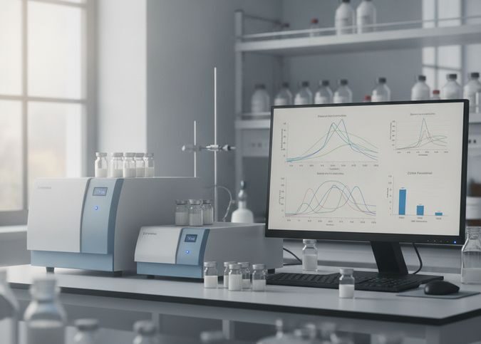 Analisador de potencial zeta e amostras de emulsão em bancada de laboratório de caracterização de partículas