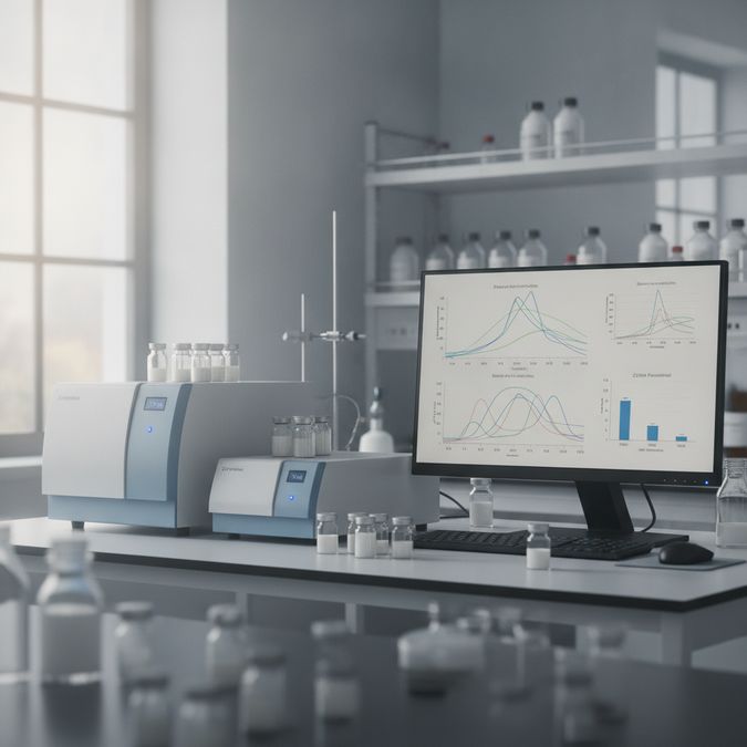 Analisador de potencial zeta e amostras de emulsão em bancada de laboratório de caracterização de partículas