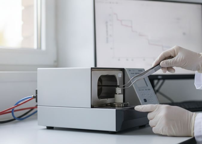 Analisador termogravimétrico TGA em laboratório com curva de perda de massa exibida no monitor ao fundo