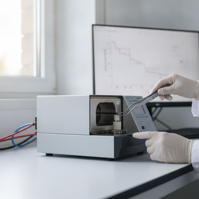 Analisador termogravimétrico TGA em laboratório com curva de perda de massa exibida no monitor ao fundo
